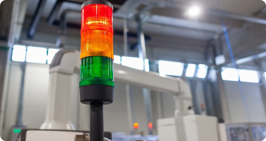 Industrial automation indicator tower light in manufacturing plant