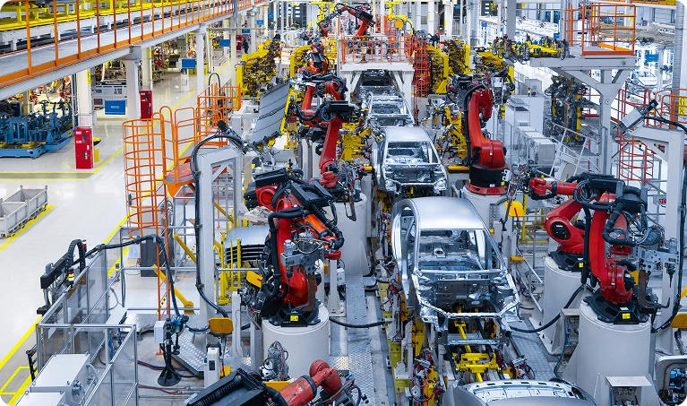 Robotic automobile assembly line in smart manufacturing factory